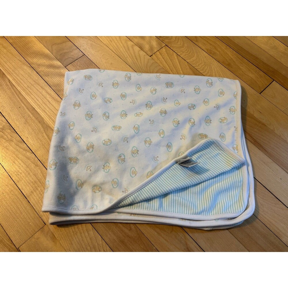 OshKosh B’gosh Vtg Baby Blanket White Green Striped Duck Chick Umbrella Cotton